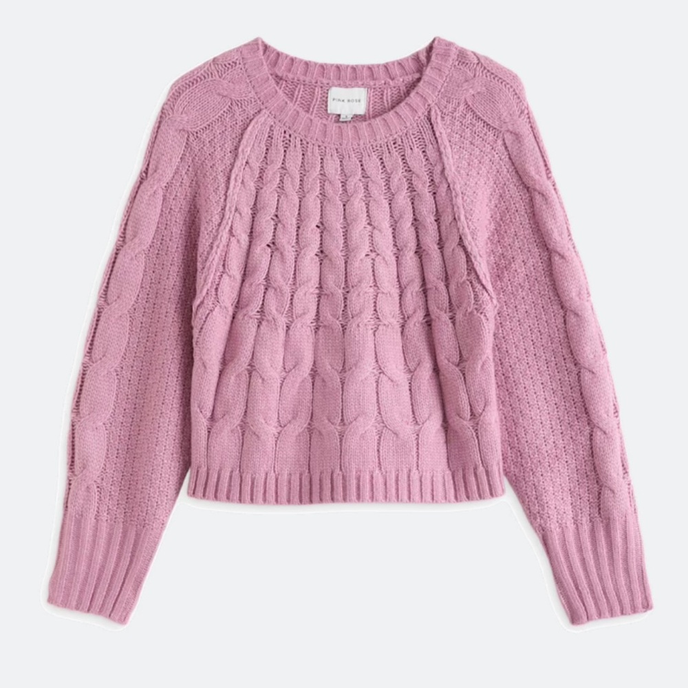 Pink Rose Mira Crewneck Cable Knit Sweater Mauve Medium